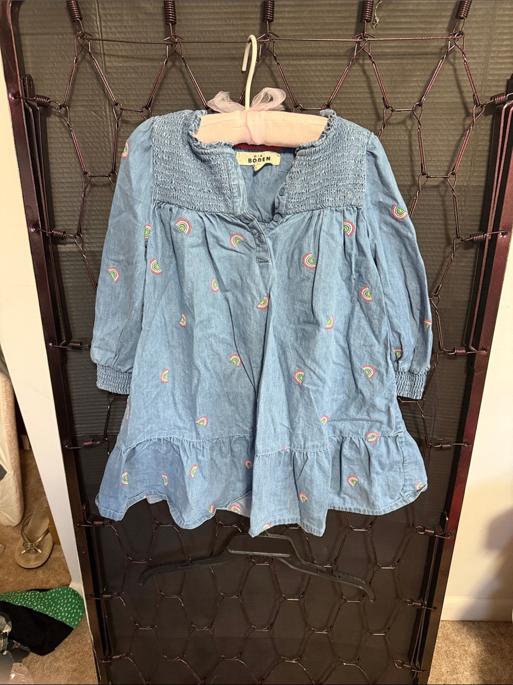 Boden Blue Denim Rainbow Embroidered Dress